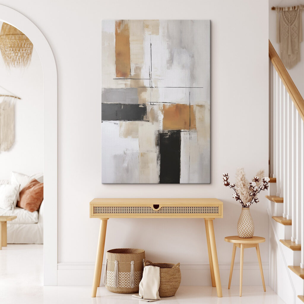Painting of a white wall with black and brown squares