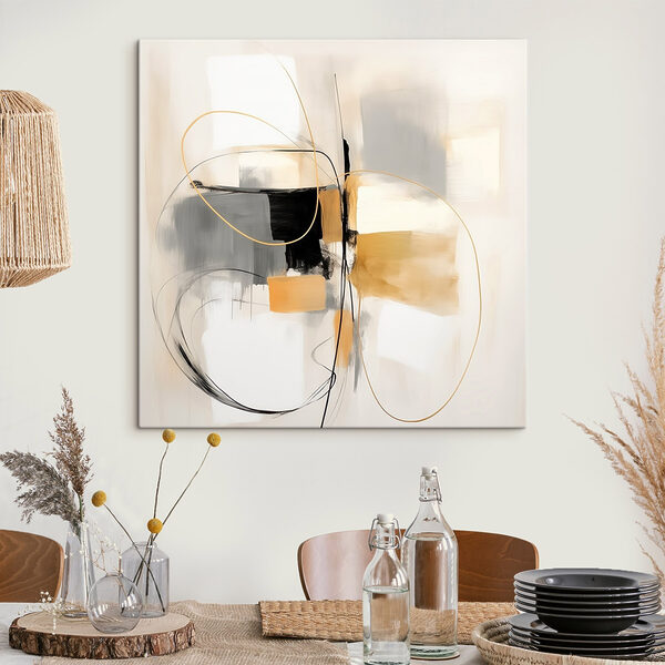Painting of a white wall with black and yellow circles and lines