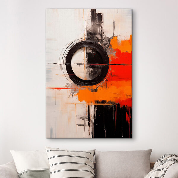 Black circle with orange and black paint
