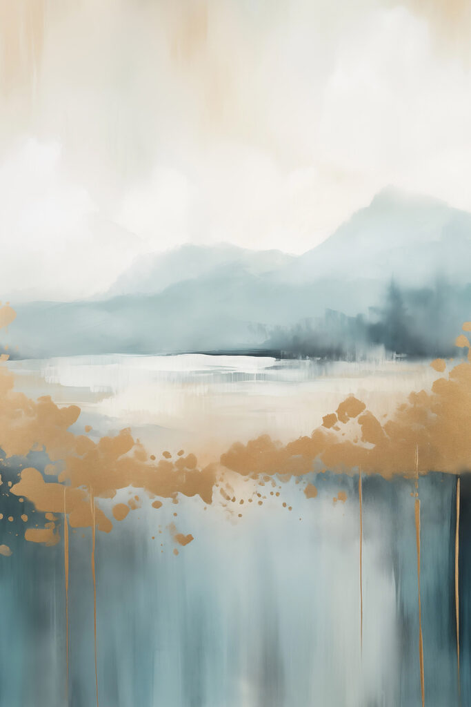 Painting of a lake with mountains in the background