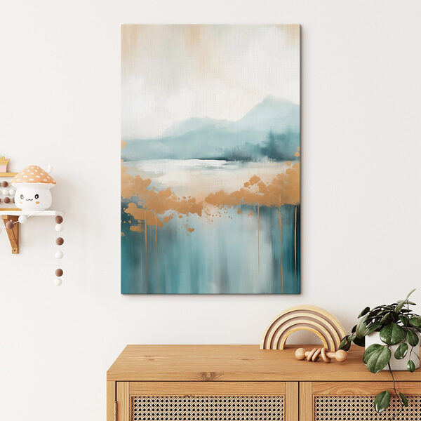 Painting of a lake with mountains in the background