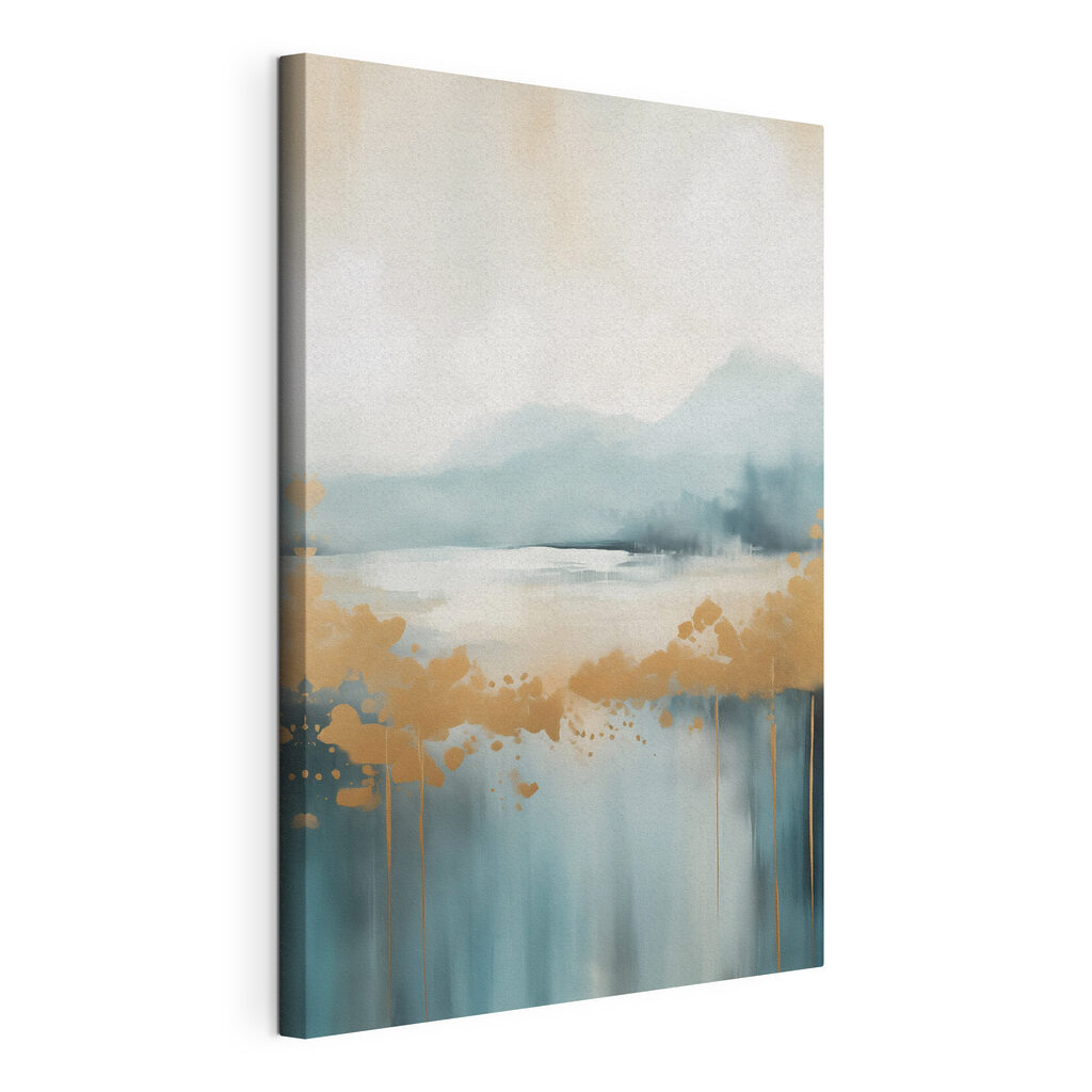 Painting of a lake with mountains in the background