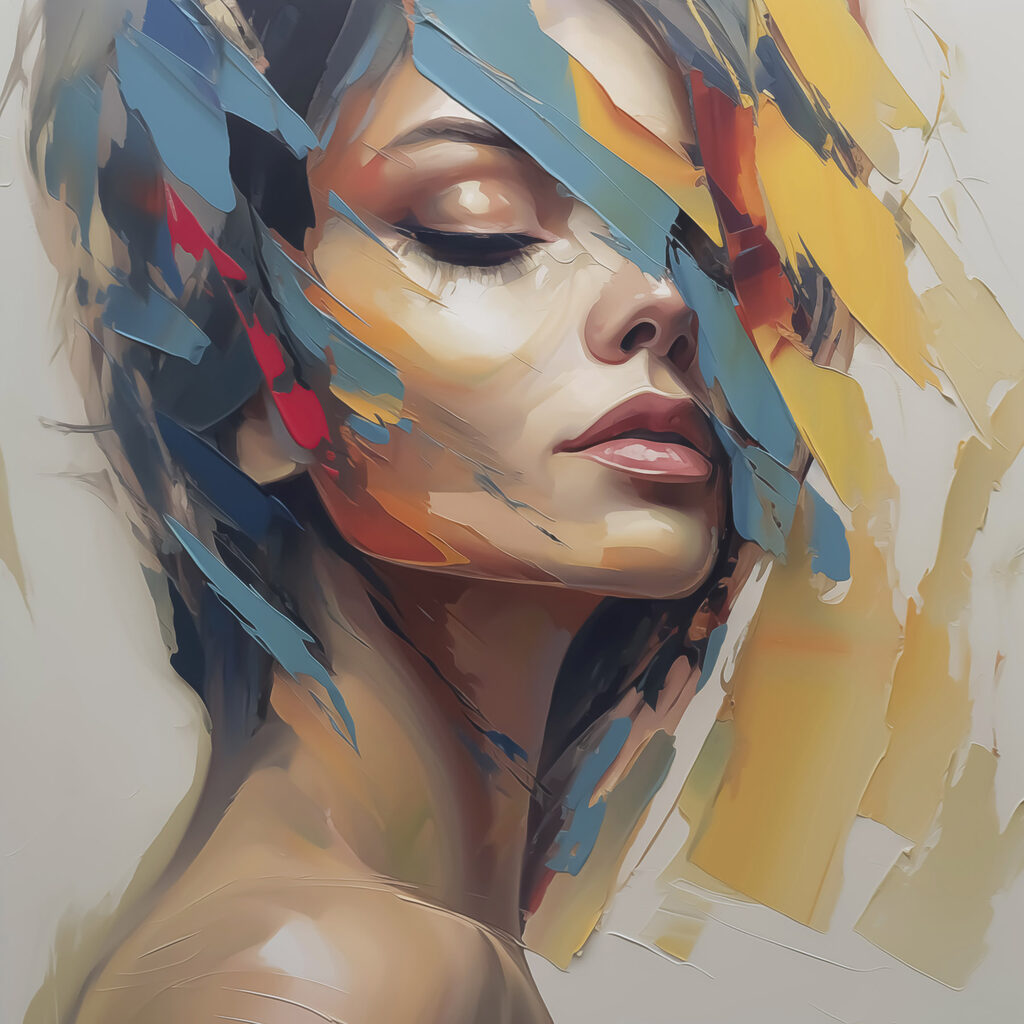 Painting of a woman with colorful paint on her face