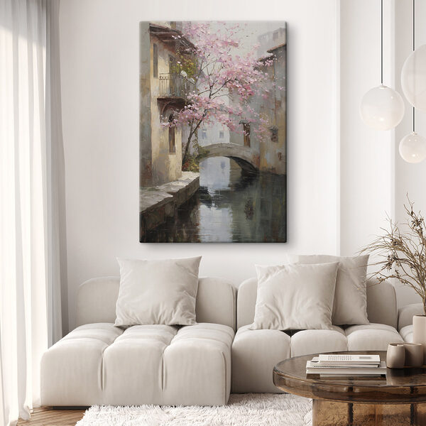Painting of a river with a pink tree and a bridge