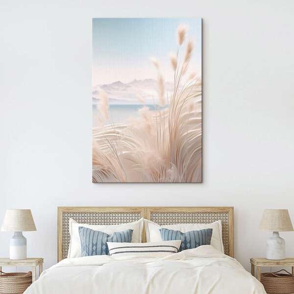 White grass with a mountain in the background