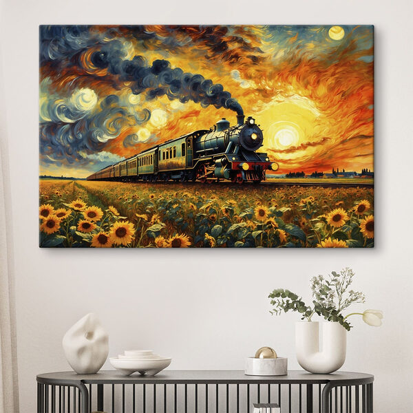 Tablouri Tablouri Tren pe șine, cu floarea-soarelui și fum ieșind din locomotivă (SKU: s47257)