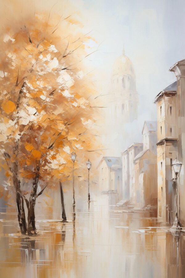 Painting of a street with trees and buildings in the background Painting of a street with trees and buildings in the background