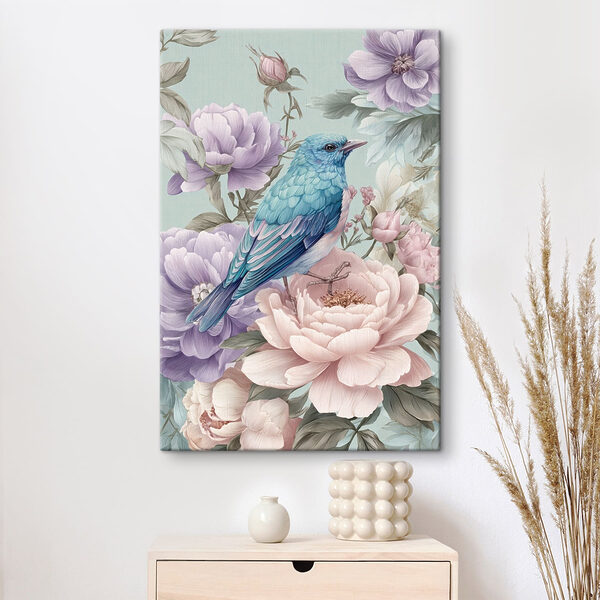 Tablouri Tablouri O pasăre albastră așezată pe o floare (SKU: s47943)