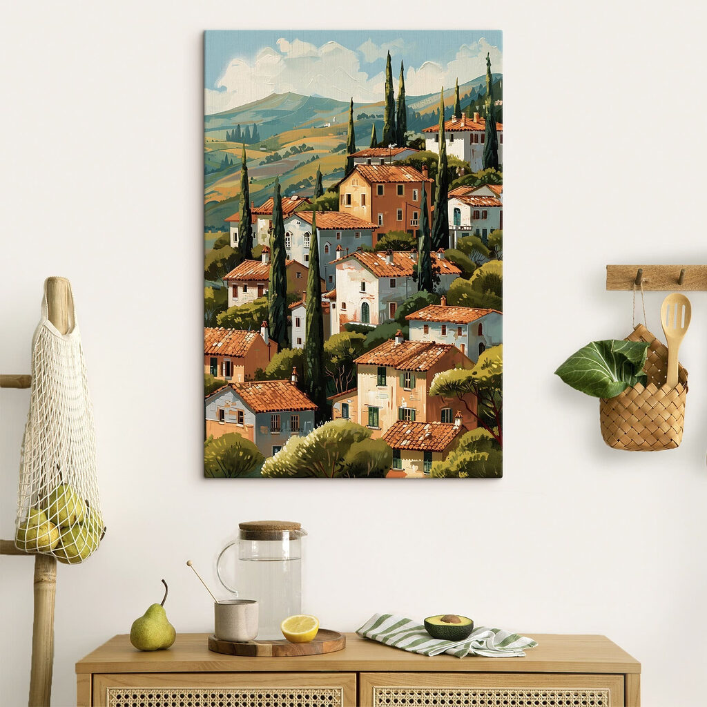 Group of houses with trees and hills in the background