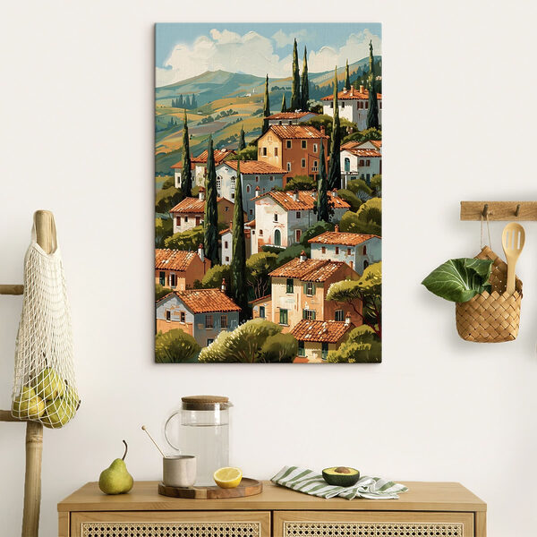 Group of houses with trees and hills in the background