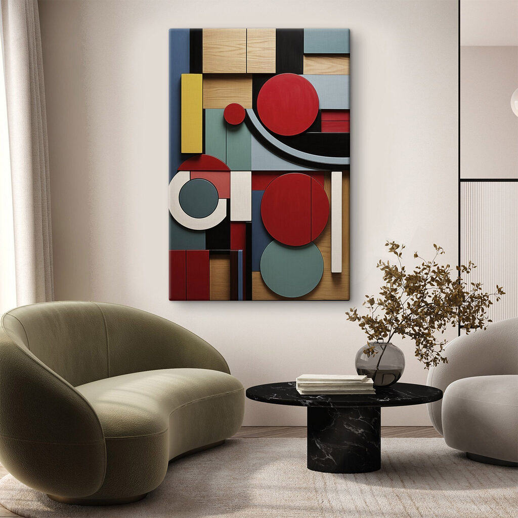 Colorful art piece with circles and squares