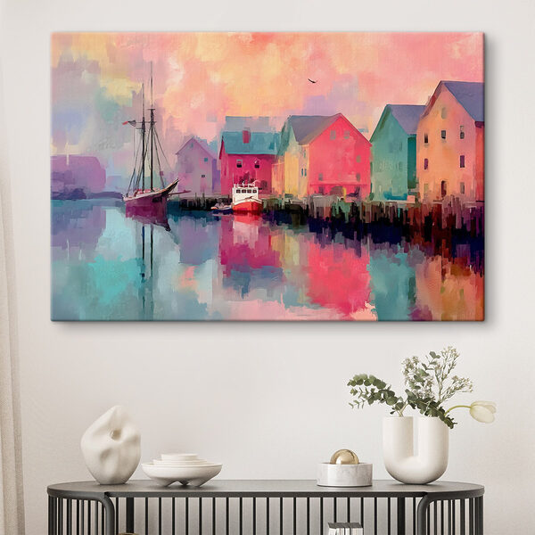 Colorful houses and a boat on the water Colorful houses and a boat on the water