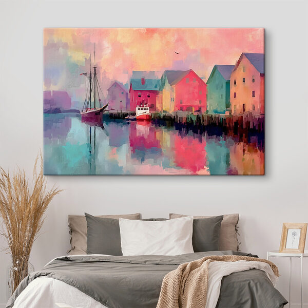 Colorful houses and a boat on the water Colorful houses and a boat on the water