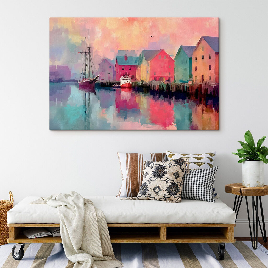 Colorful houses and a boat on the water Colorful houses and a boat on the water