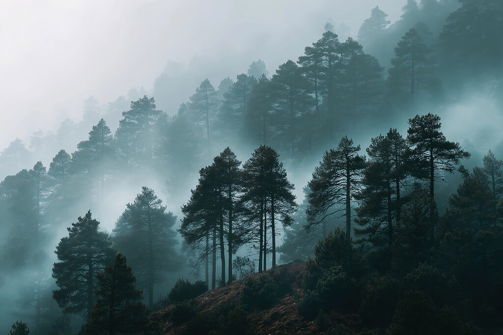 Foggy forest with trees Foggy forest with trees