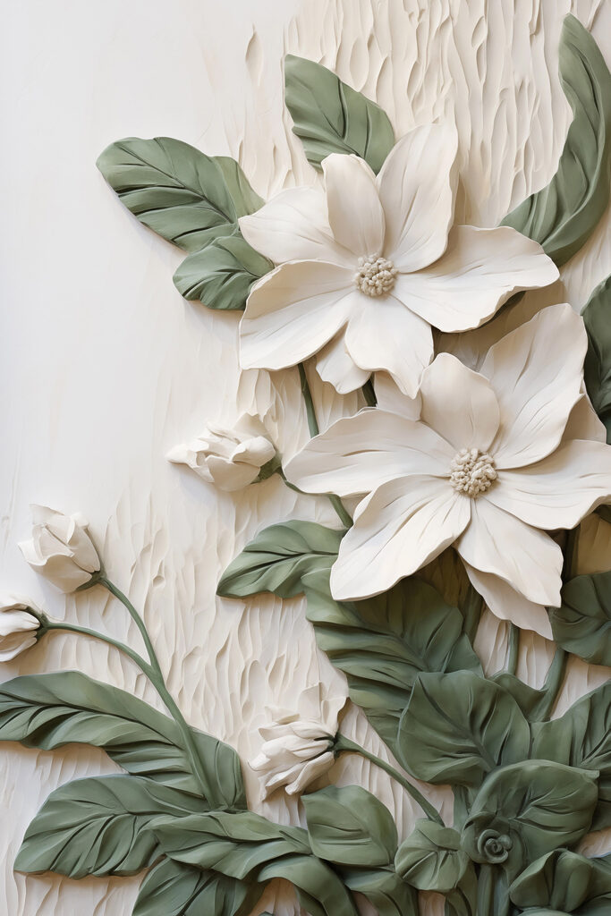 White flowers and leaves on a white surface White flowers and leaves on a white surface