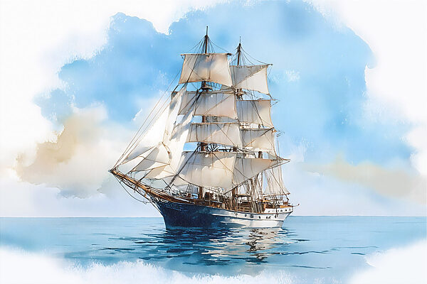 Watercolor of a ship in the ocean