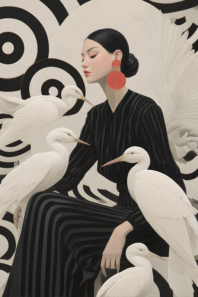 Woman sitting with white birds Woman sitting with white birds