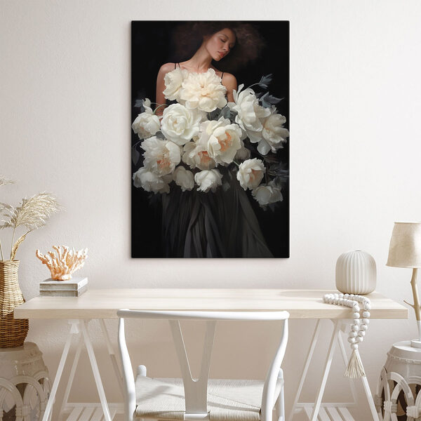 Tablouri O femeie care ține în mână un buchet mare de flori (SKU: s49220) Tablouri Tablouri O femeie care ține în mână un buchet mare de flori (SKU: s49220)