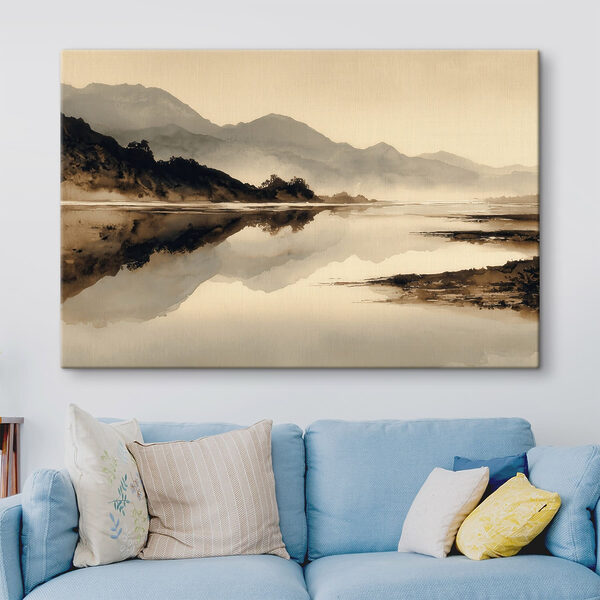 Watercolor painting of a lake with mountains in the background Watercolor painting of a lake with mountains in the background