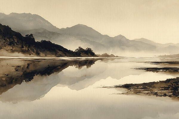 Watercolor painting of a lake with mountains in the background Watercolor painting of a lake with mountains in the background