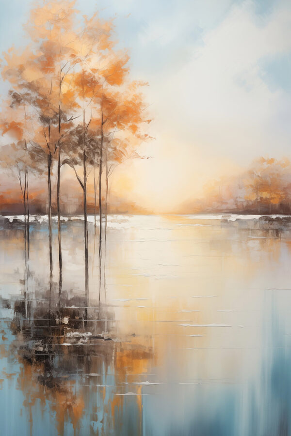 Painting of trees in a lake
