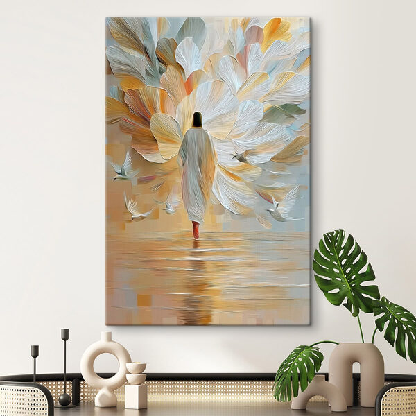 Person walking in the water with birds flying around