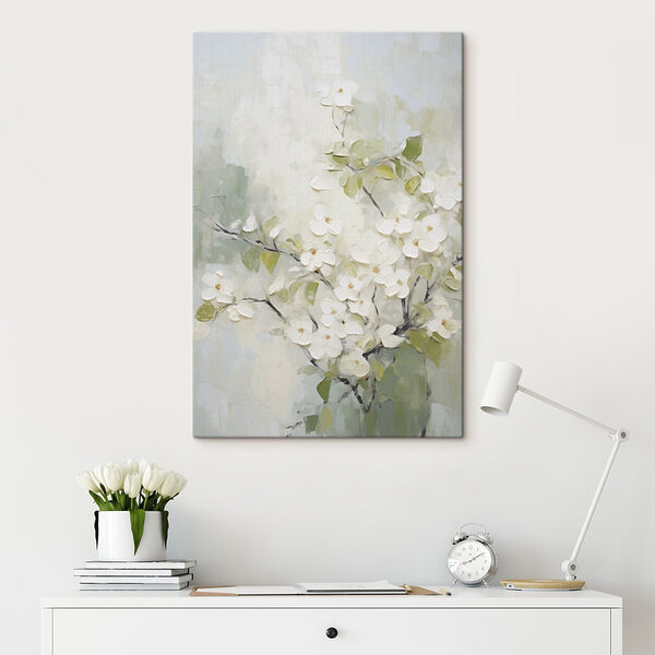 Painting of white flowers on a branch