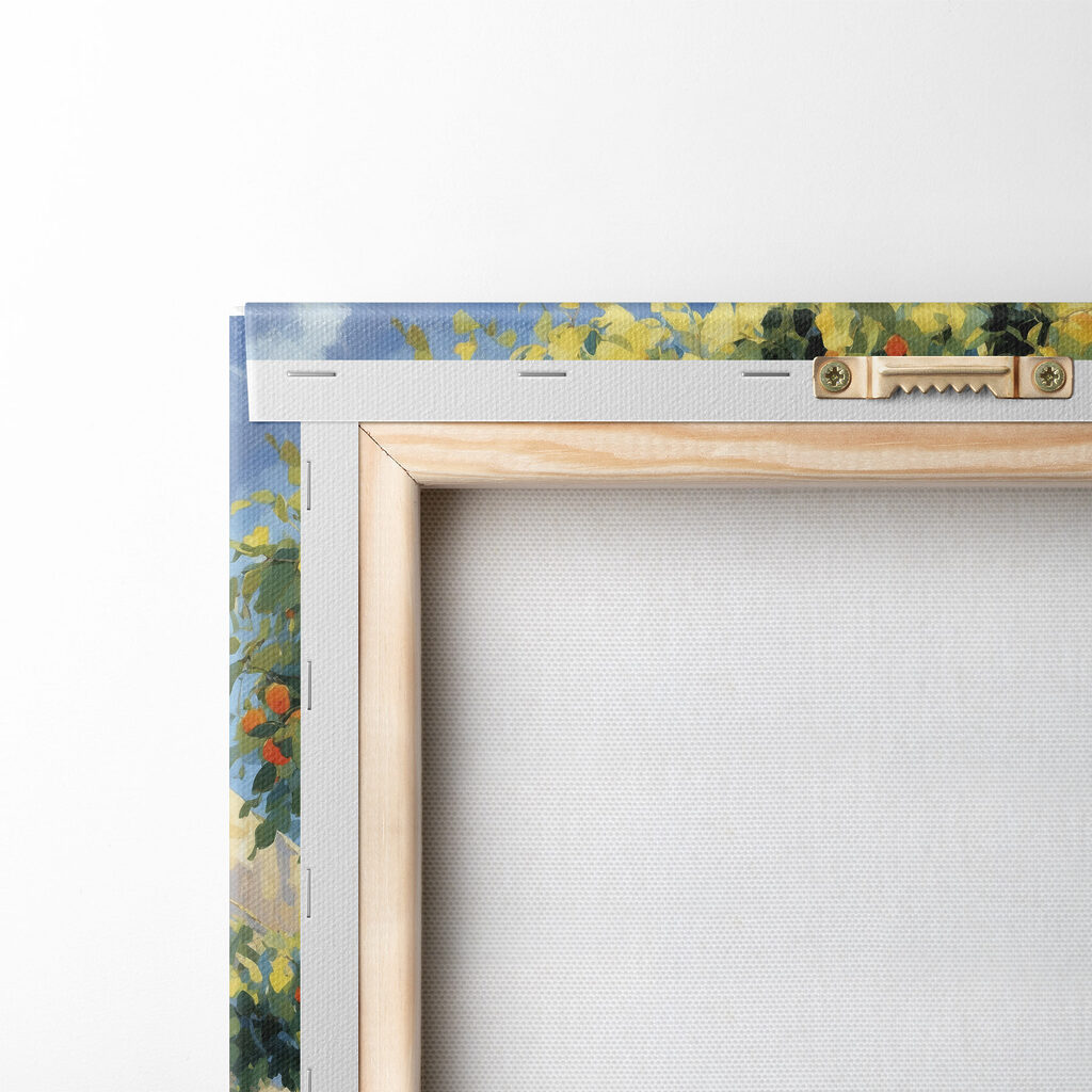 Painting of an orange tree with tables and chairs under an orange tree Painting of an orange tree with tables and chairs under an orange tree
