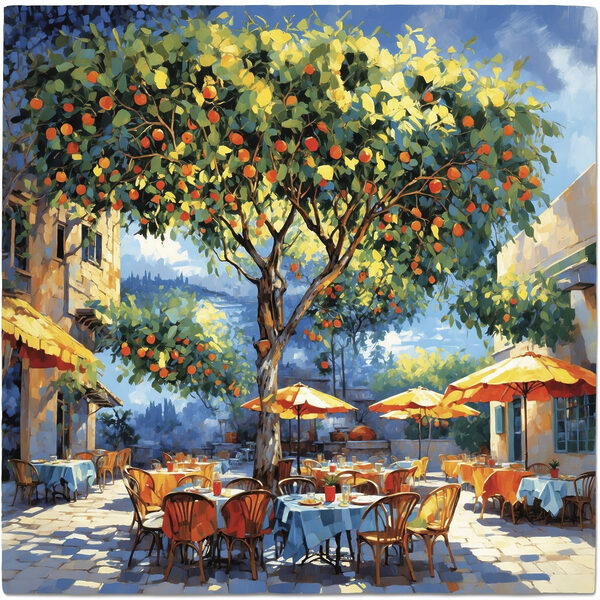 Painting of an orange tree with tables and chairs under an orange tree Painting of an orange tree with tables and chairs under an orange tree