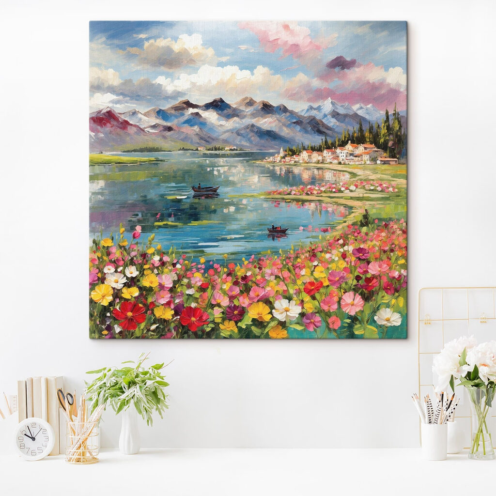 Painting of a lake with flowers and mountains in the background