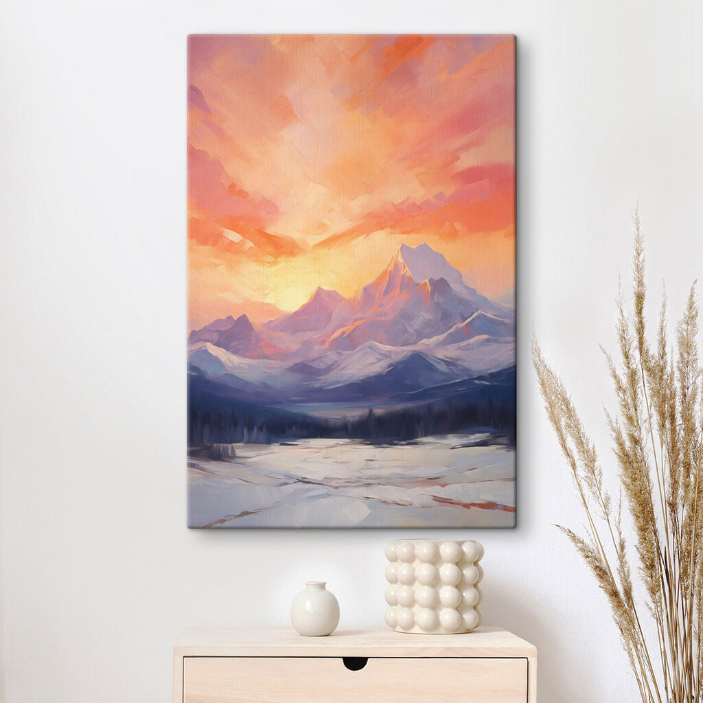 Painting of a mountain range with a lake and trees Painting of a mountain range with a lake and trees