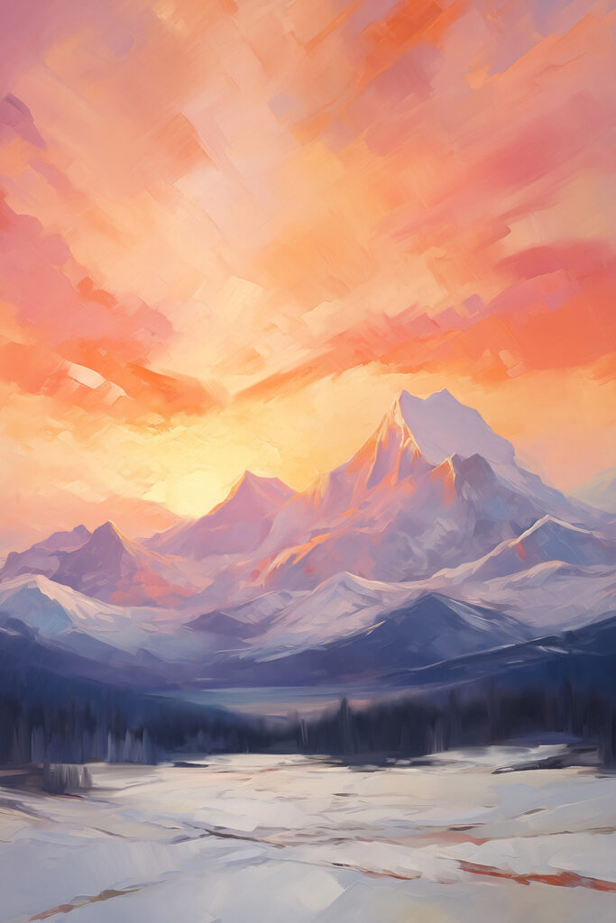 Painting of a mountain range with a lake and trees Painting of a mountain range with a lake and trees