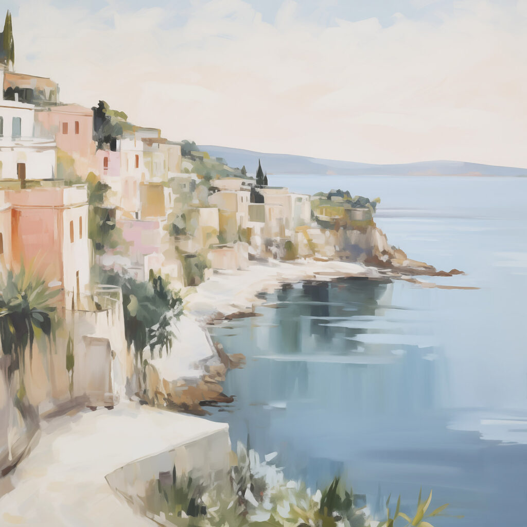 Painting of a city by the water Painting of a city by the water