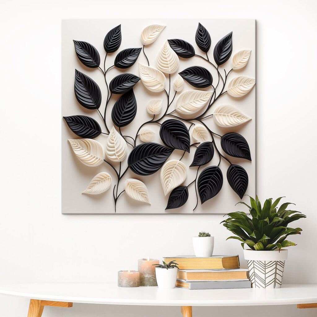 Black and white leaves on a white surface