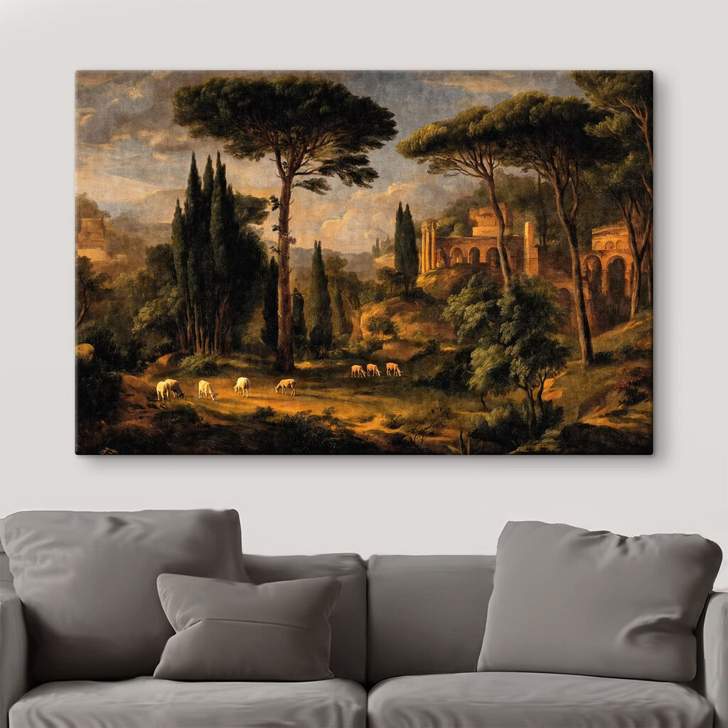 Painting of a landscape with trees and a building Painting of a landscape with trees and a building