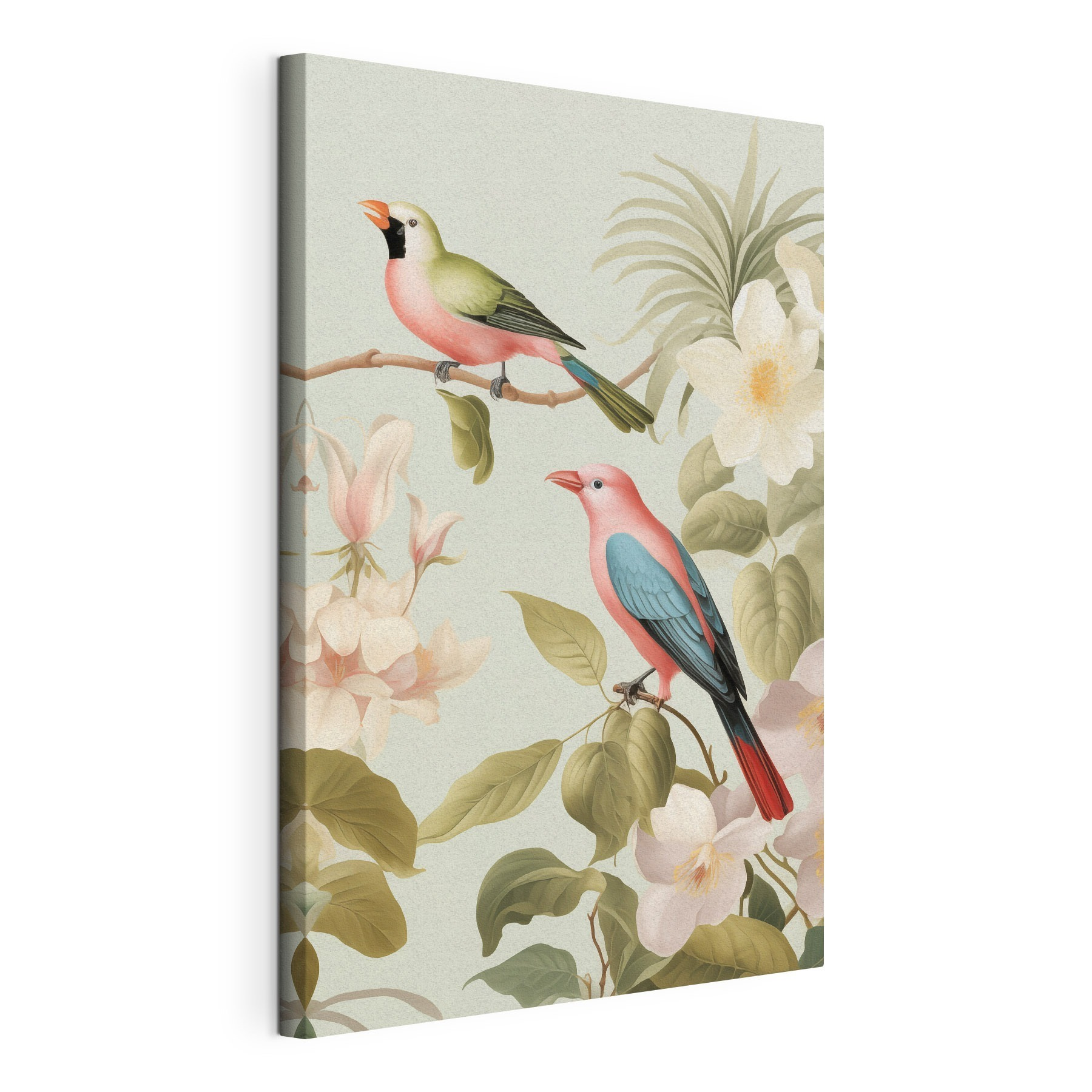 Couple of birds on a branch with flowers