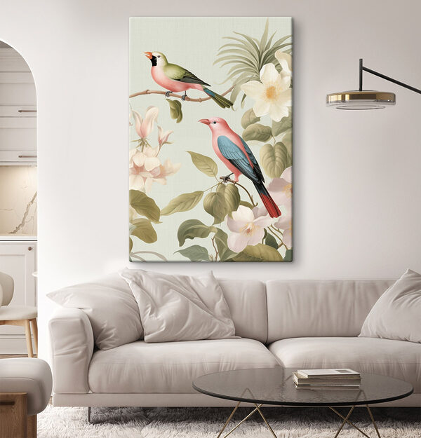 Couple of birds on a branch with flowers