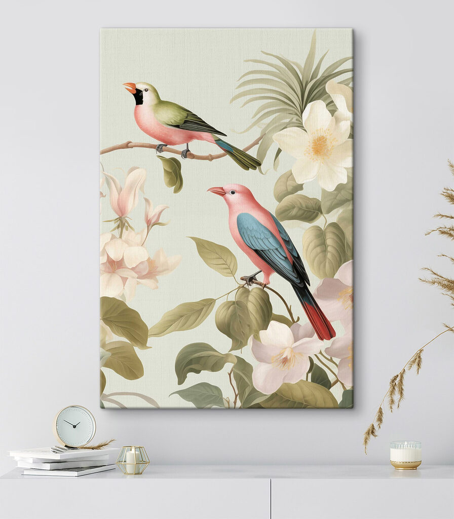 Couple of birds on a branch with flowers