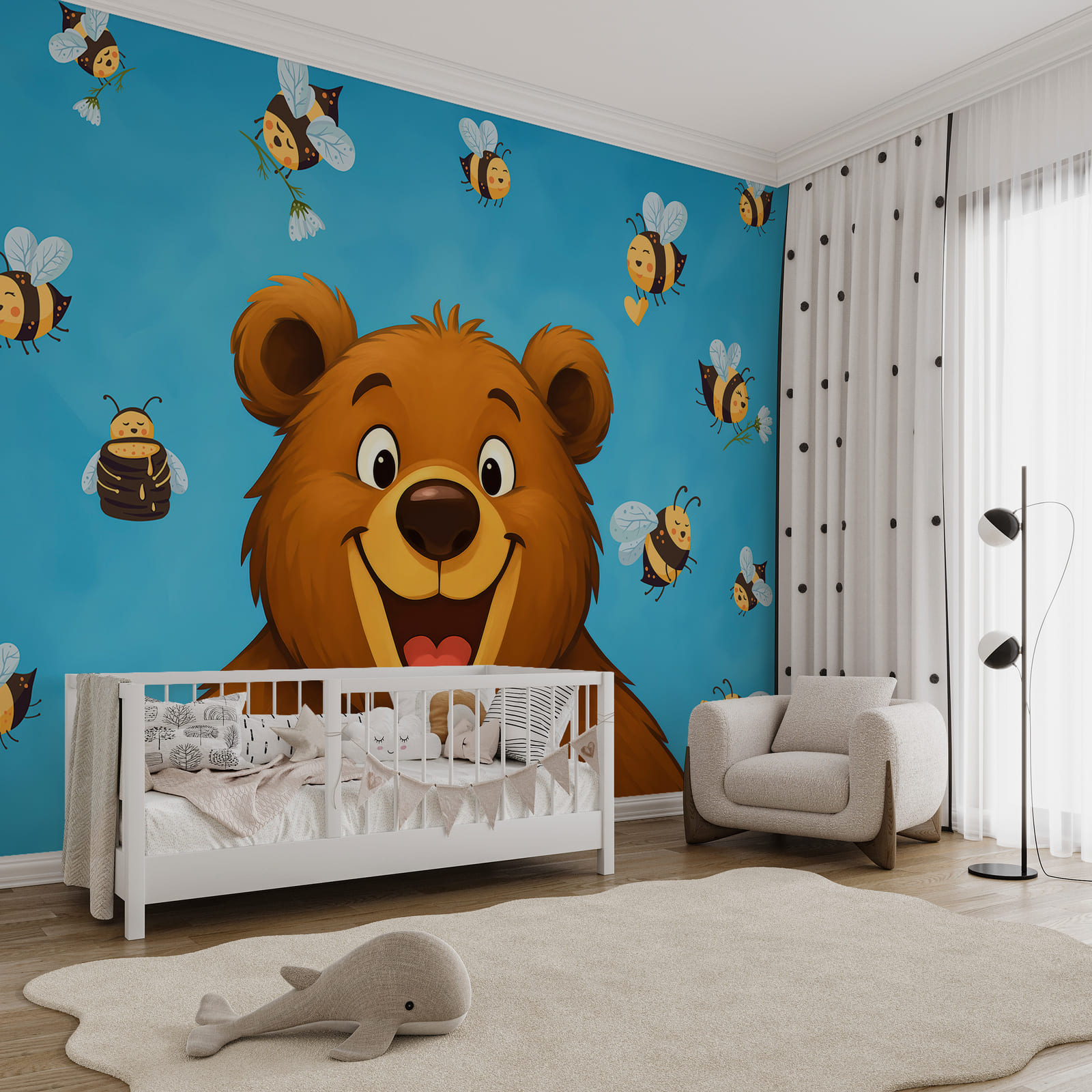 Urs de desene animate înconjurat de albine care zboară în jurul lui Urs de desene animate înconjurat de albine care zboară în jurul lui