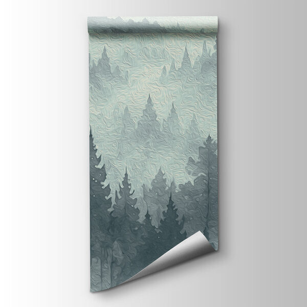 Foggy mountain landscape with trees and a river