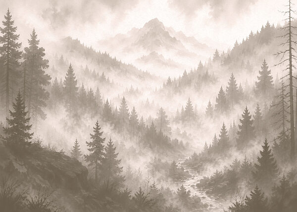Foggy mountain landscape with trees and a river Foggy mountain landscape with trees and a river