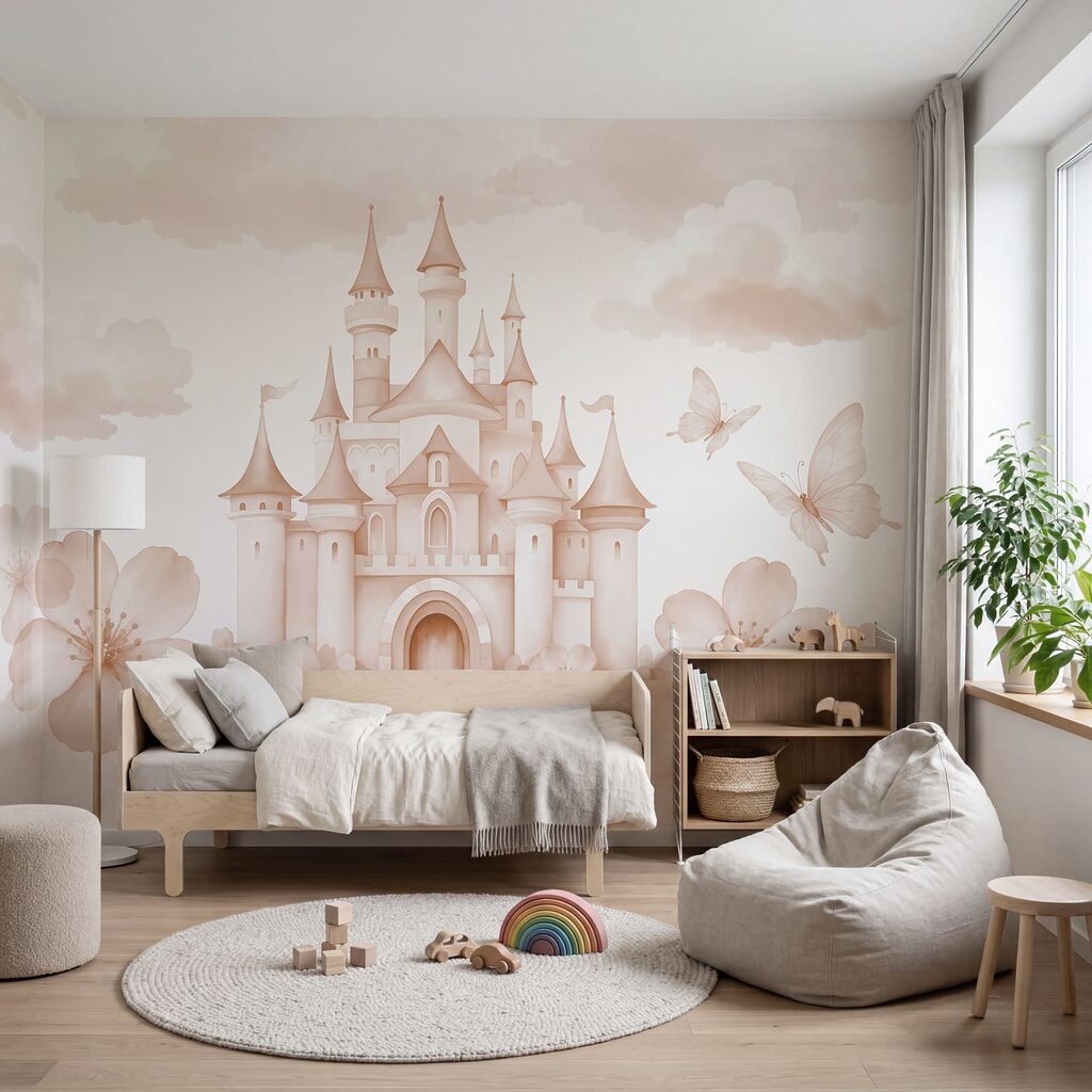 Castel roz cu fluturi și flori Castel roz cu fluturi și flori
