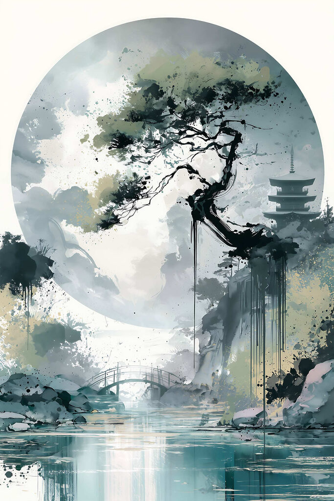 Painting of a bridge and a tree