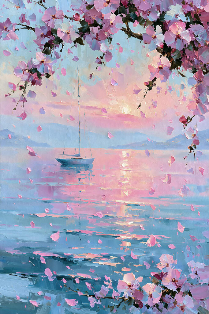 Painting of a sailboat on a calm body of water with pink flowers Painting of a sailboat on a calm body of water with pink flowers