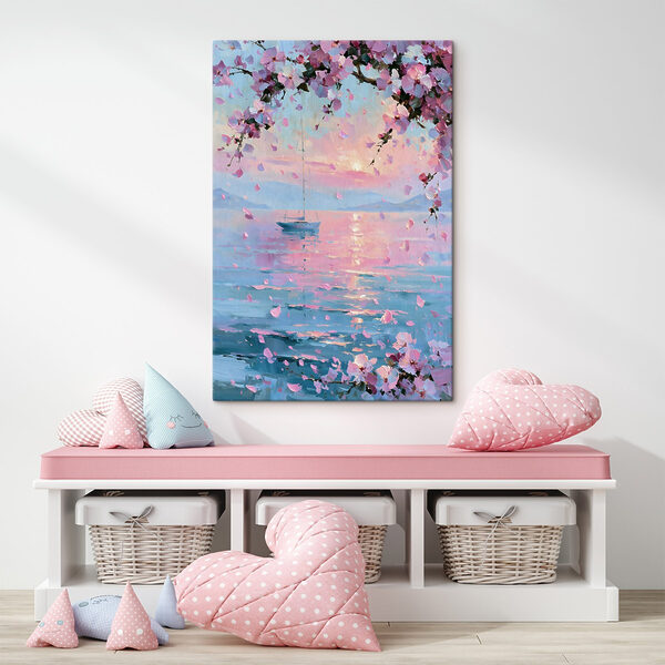 Painting of a sailboat on a calm body of water with pink flowers Painting of a sailboat on a calm body of water with pink flowers