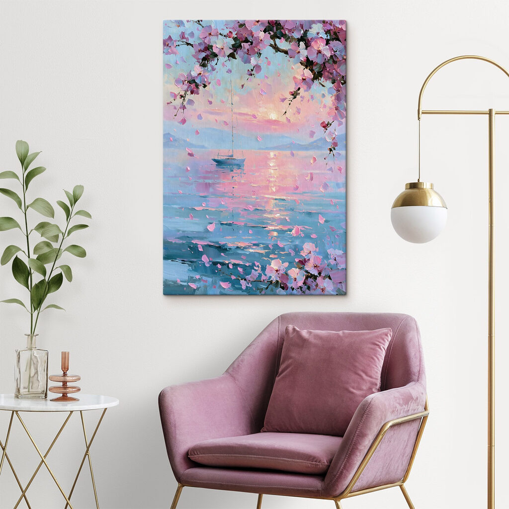 Painting of a sailboat on a calm body of water with pink flowers Painting of a sailboat on a calm body of water with pink flowers