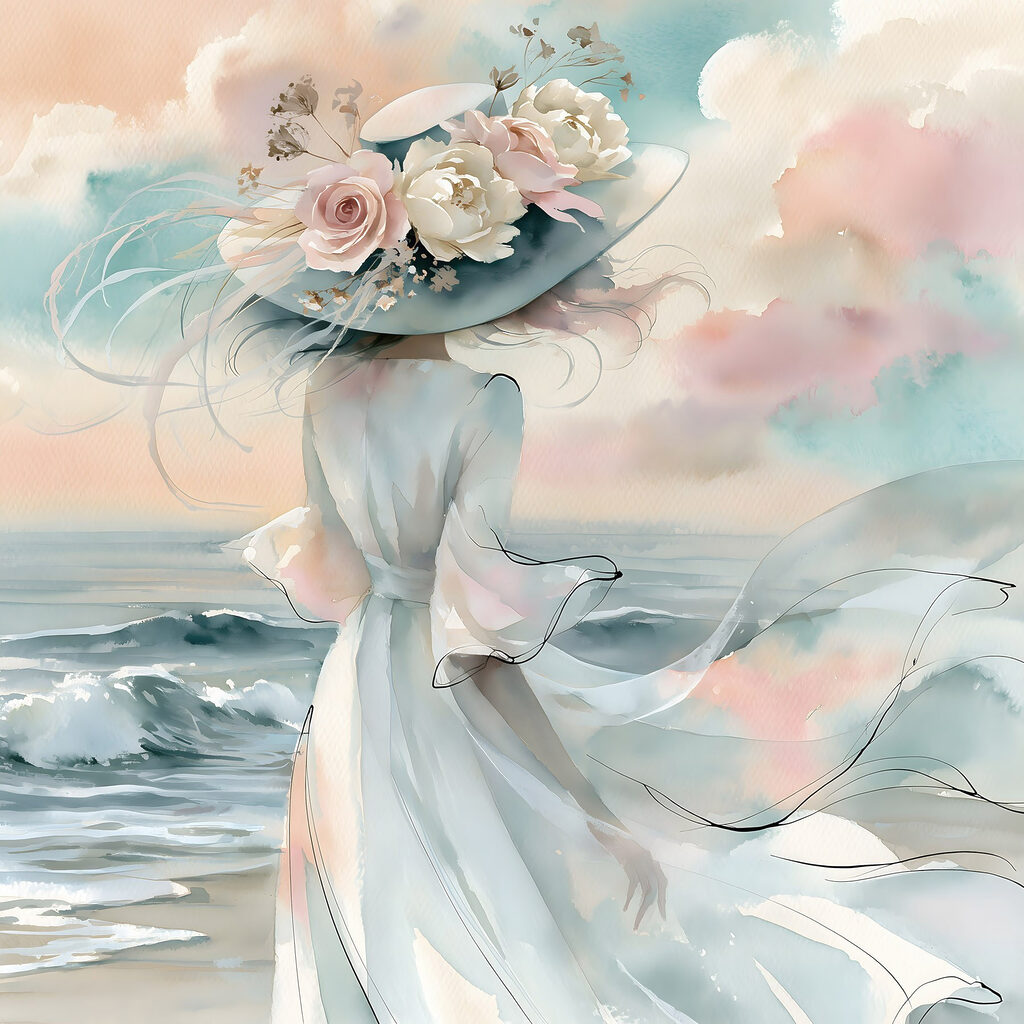 Woman in a dress with flowers on her hat