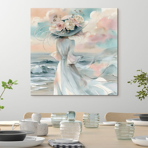 Woman in a dress with flowers on her hat