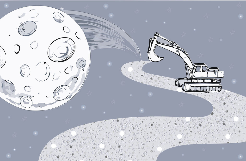 Cartoon of a bulldozer and a moon